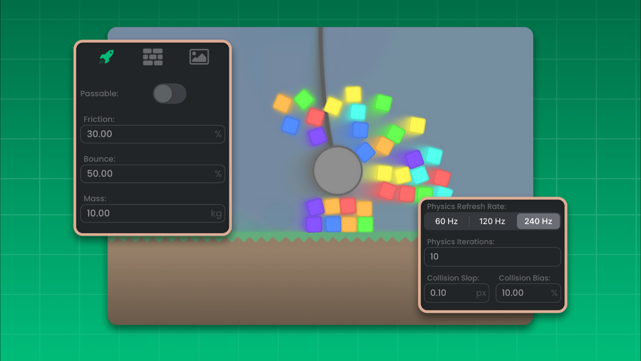 A physics scene in hyperPad with debug geometry.